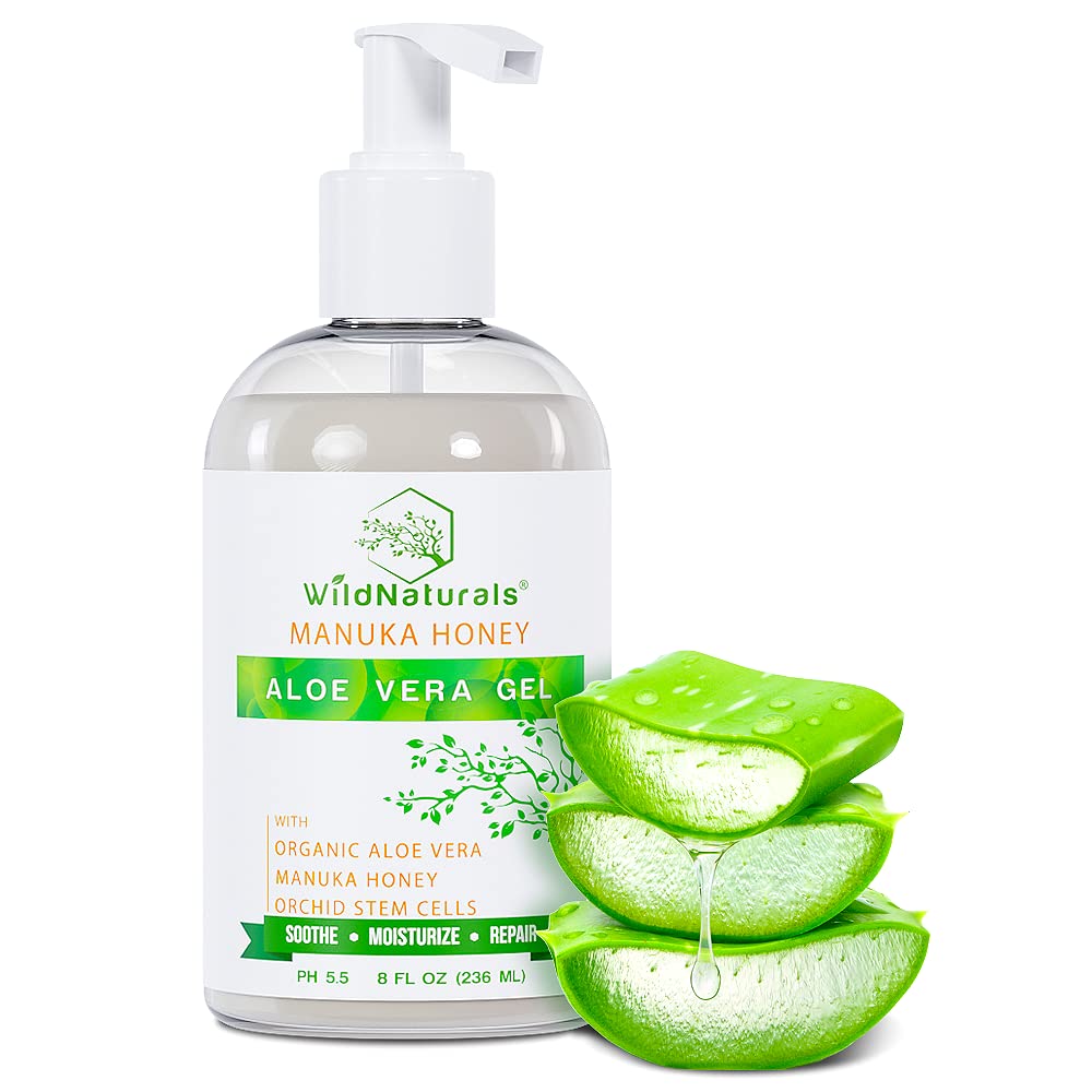 Wild Naturals 100% Pure Aloe Vera Gel with Manuka Honey - Organic Gel for Sunburn Relief, Acne, Scars & Dry Scalp - Moisturizing Gel for Face, Hair Beauty & Personal Care Wild Naturals