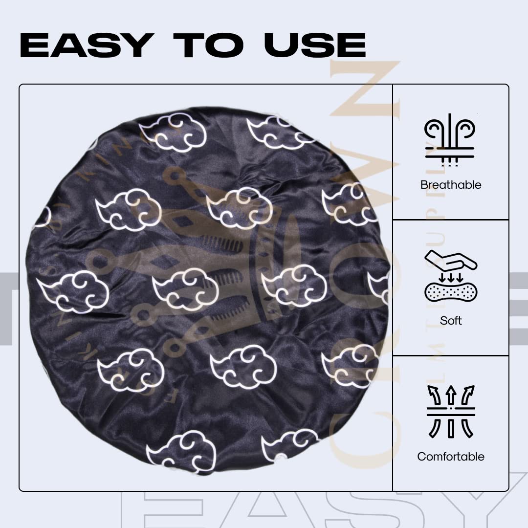 Large Silky Design Anime Bonnet with Elastic Soft Band Adjustable for Women and Men, Comfortable Satin Fabric, BlackcloudB Beauty and Personal Care FOR KINGS. BY KINGS CROWN LMTD SUPPLY