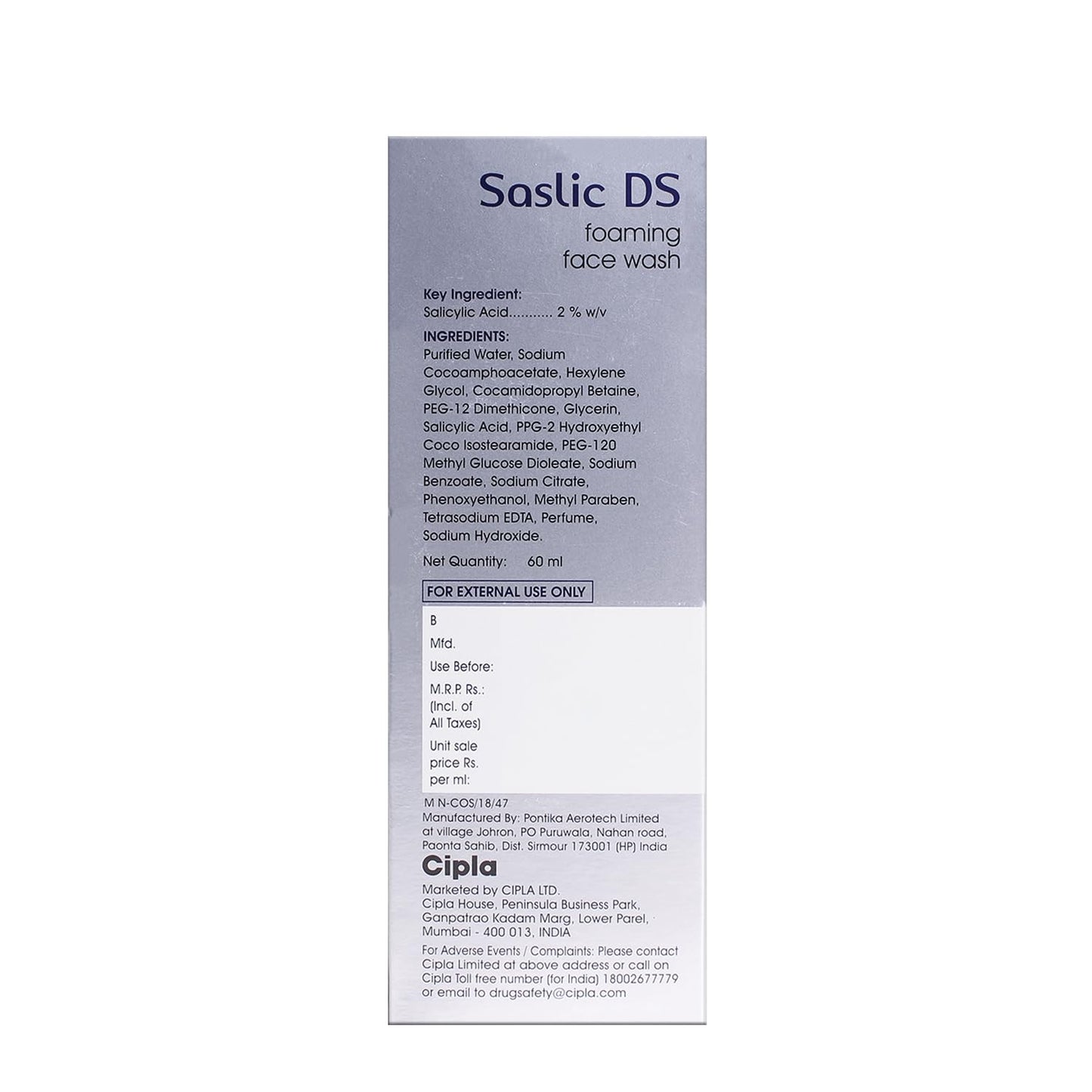Cipla Sas_lic DS Foaming Face Wash (60ml) (pack of 2) Beauty & Personal Care Cipla