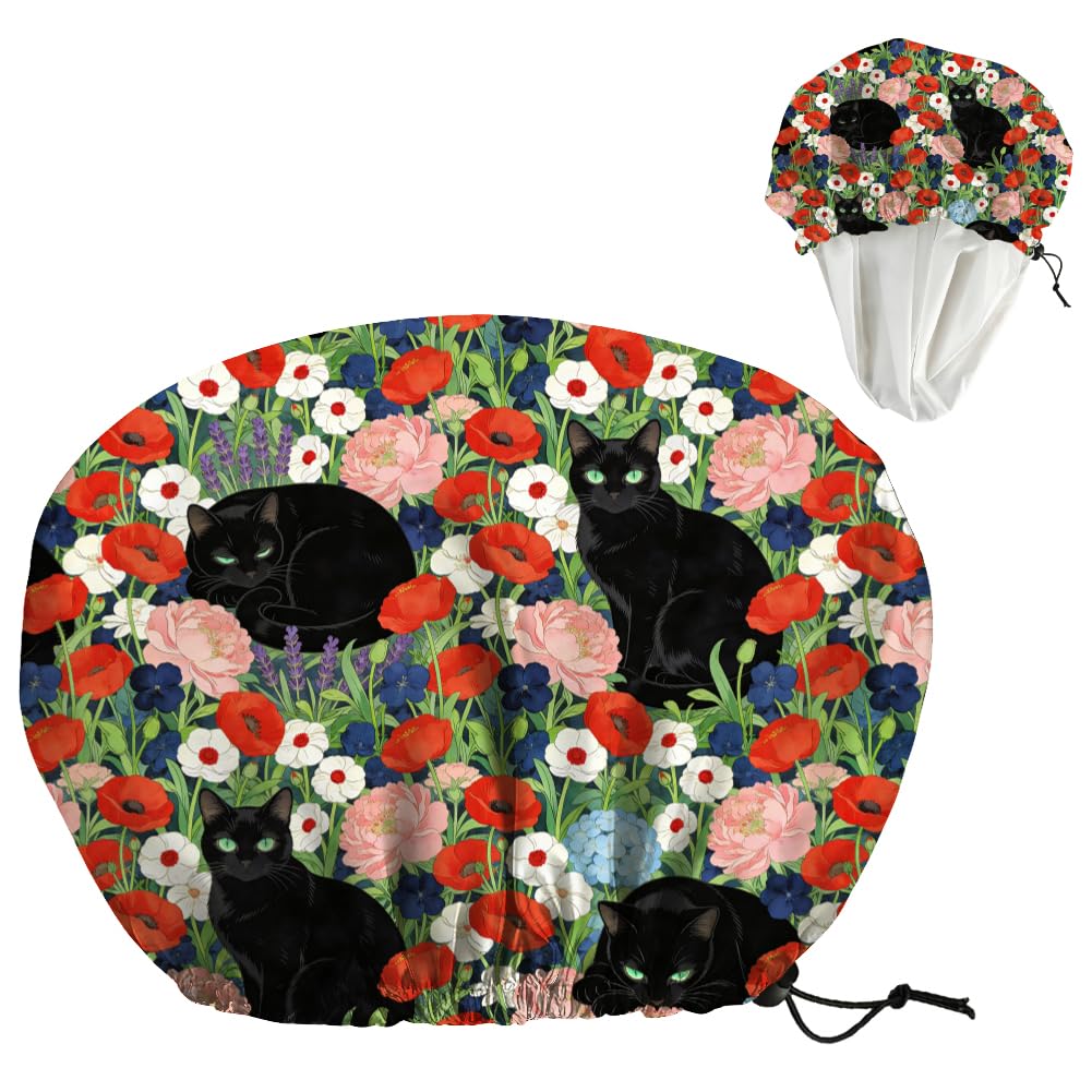 DELORIGIN Black Cat Reusable Shower Cap Flower Double Layer Waterproof Shower Caps Large Elastic Hair Cover Adjustable Hair - Drying Caps for Woman Beauty and Personal Care DELORIGIN