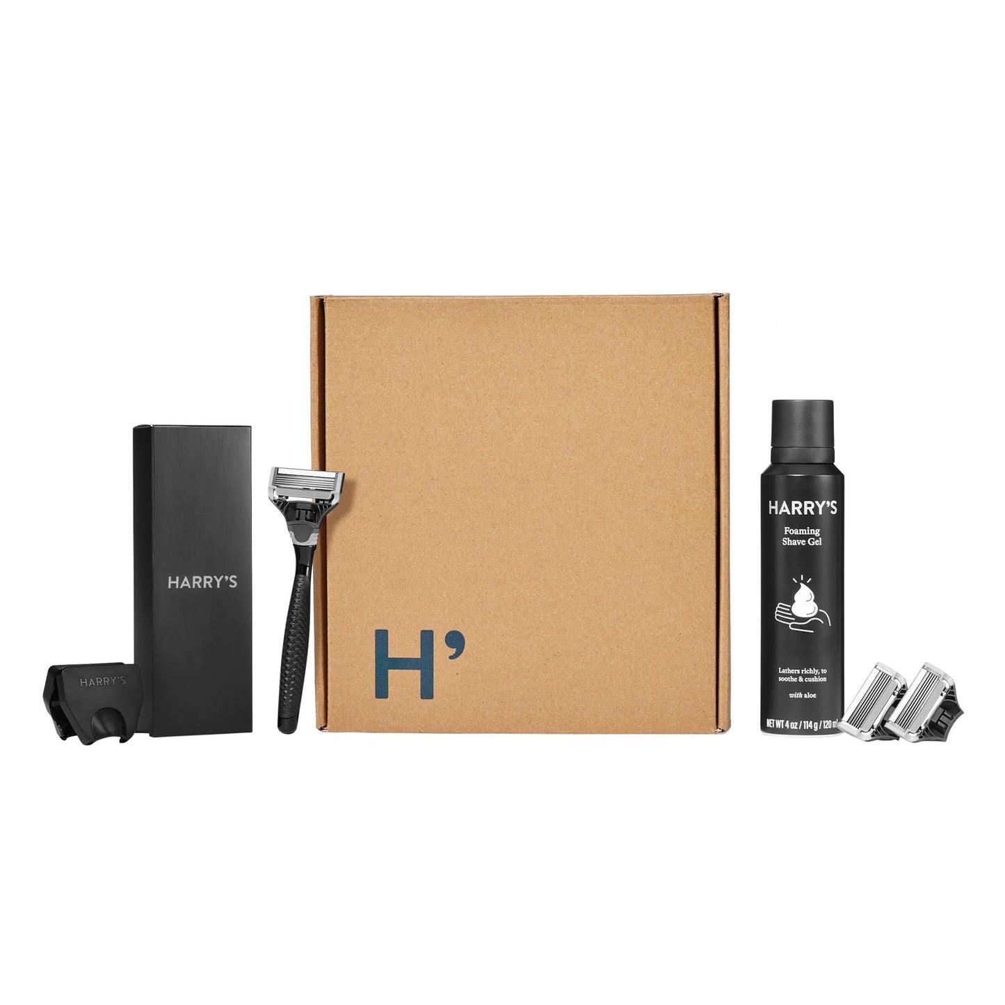 Harry's Original Shave Gift Set for Men - Black Metallic Handle + 3 Razor Blade Cartridges + Travel Blade Cover + 1 Foaming Shave Gel - German Beauty and Personal Care Harry's