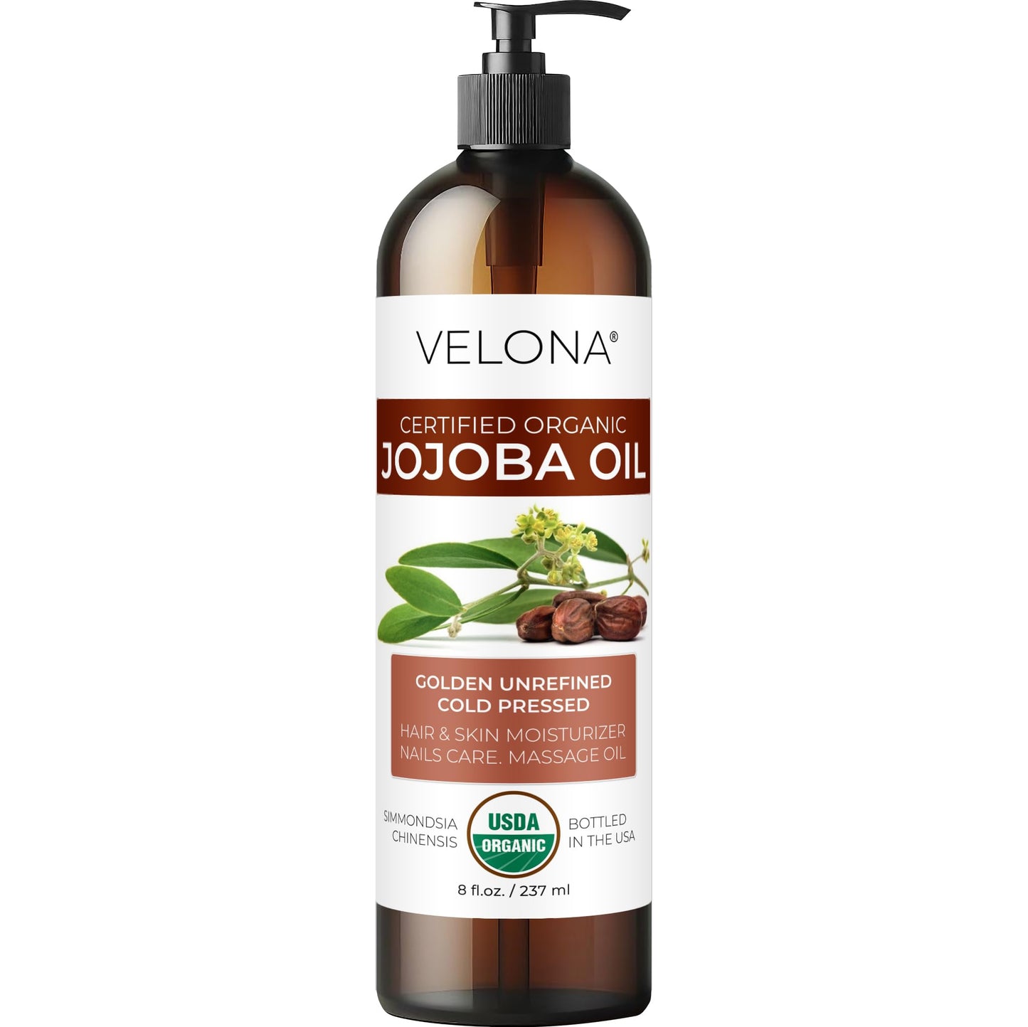 velona Jojoba Oil USDA Certified Organic - 8 fl oz (With Pump) | 100% Pure and Natural | Golden, Unrefined, Cold Pressed, Hexane Free | Moisturizing Beauty & Personal Care velona