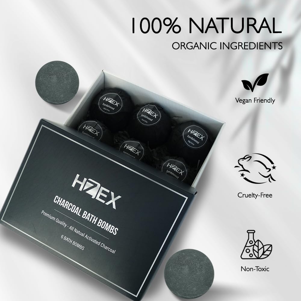 HZEX Charcoal Activated Bath Bombs for Men - Detox with Handmade Organic 6 Pack Bath Bomb Set, up to 3 Scents (Sandalwood, Bergamot, Ocean) Beauty and Personal Care HZEX