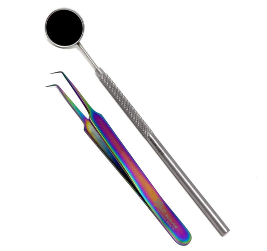 Stainless Steel 3D 5D 6D Volume False Eyelash Extension Tweezers A Type Right Angled 90 Degree, Multi Rainbow Color, Fine Point, With Free Mirror Beauty & Personal Care A2Z SCILAB