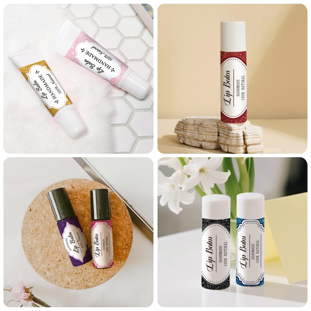 Peacoblue 160Pcs Lip Balm Labels Sticker for Tubes 2.1"x1.7" Various Sequins Glitter, 8 Styles Waterproof Chapstick Labels Glossy for Homemade Lip Beauty and Personal Care peacoblue