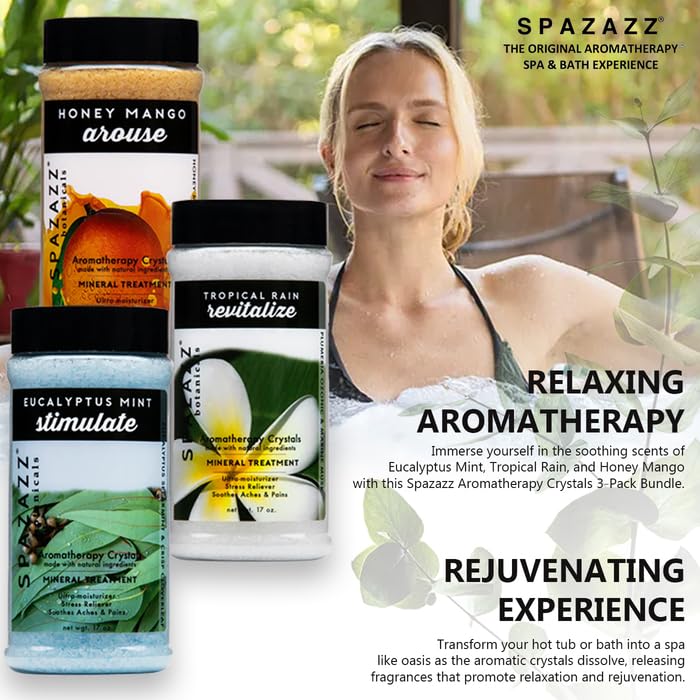 Spazazz Hot Tub Aromatherapy Bath Salt Crystals 3-Pack Bundle - Eucalyptus Mint Stimulate - Tropical Rain Revitalize - Honey Mango Arouse - Botanicals Beauty and Personal Care SPAZAZZ SPA BOMBZZ
