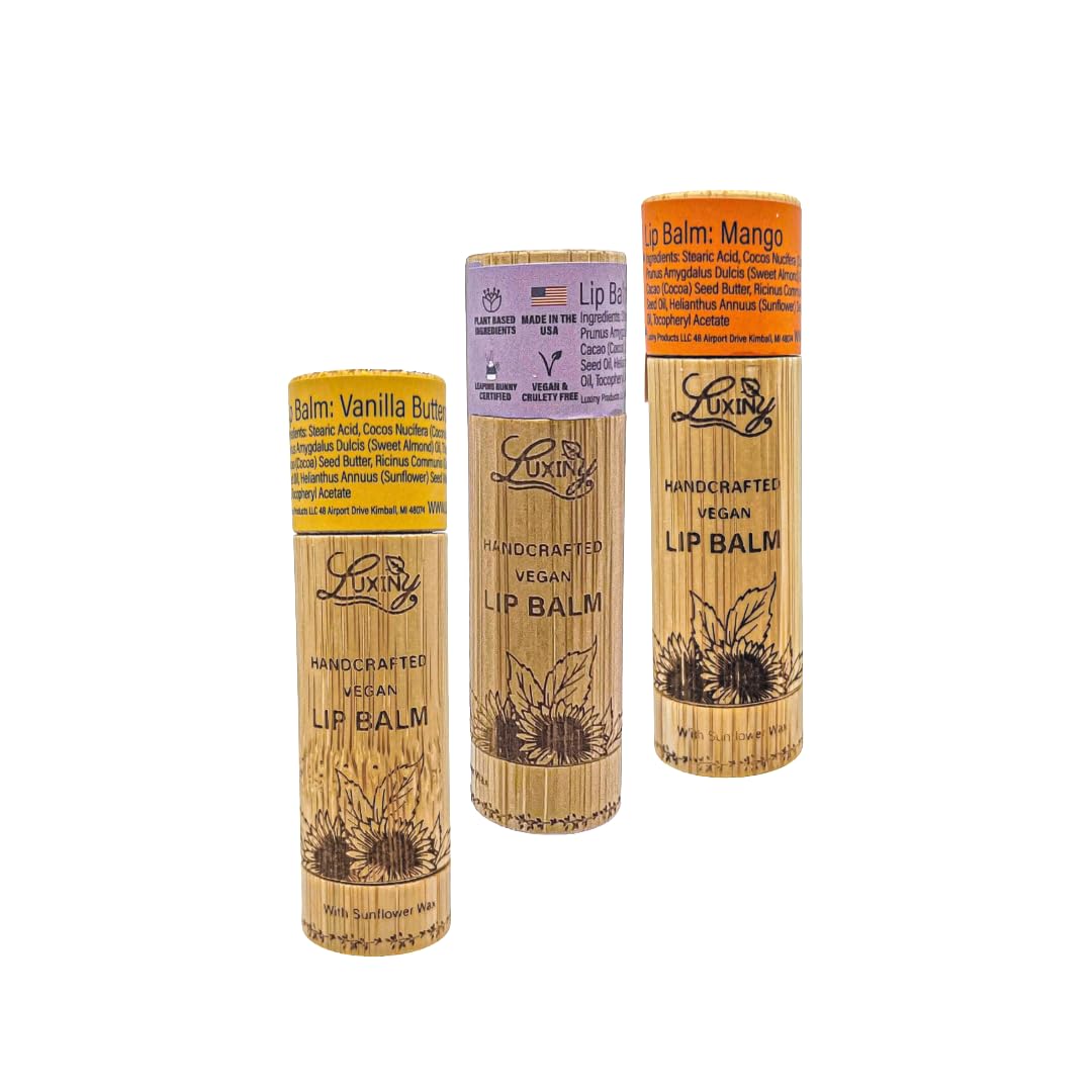 Luxiny Lip Balm 3-Pack - Vegan, Natural Moisturizing Lip Care in Bamboo Tubes with Sunflower Wax and Vitamin E (.15, Vanilla Buttercream, Mango, Black Beauty and Personal Care Luxiny