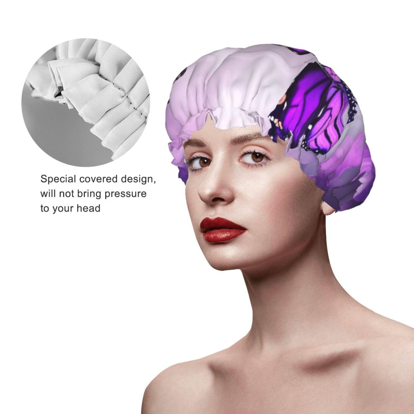 Purple Flower Butterflies Shower Cap for Women Men Large Reusable Shower Bonnet Double-Layer Waterproof Bath Caps Elastic Band Hair Hat for All Beauty and Personal Care BWLHJKE