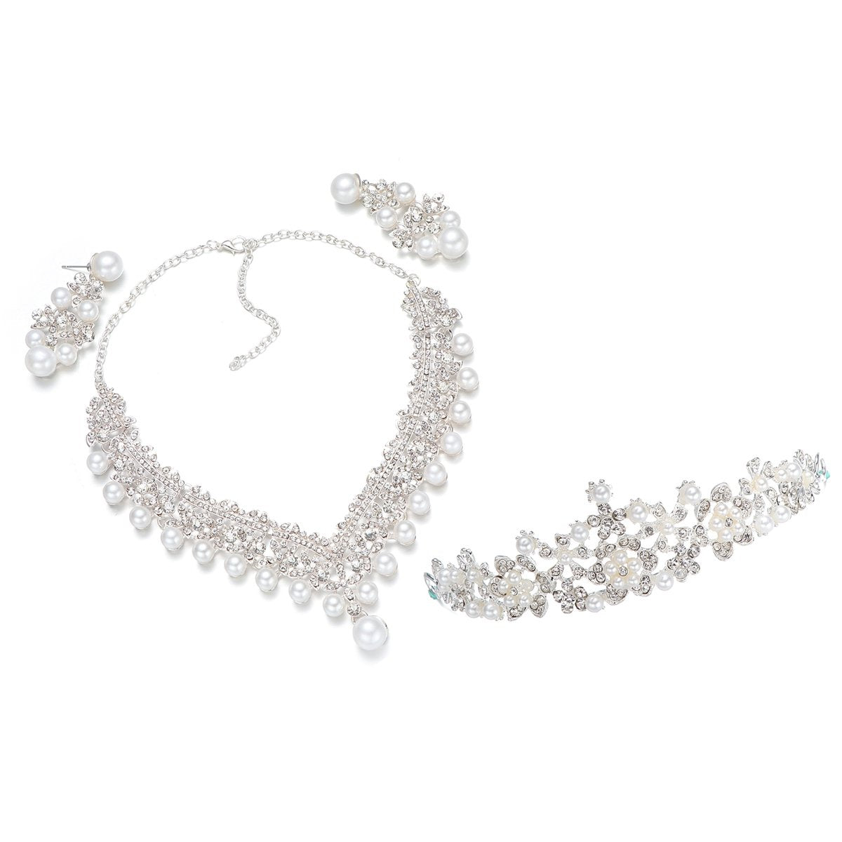 FRCOLOR Crown Tiaras for Women Wedding Bridal Jewelry Sets Rhinestone Pearl Crown Crystal Necklace Earrings Accessories for Halloween Wedding Prom