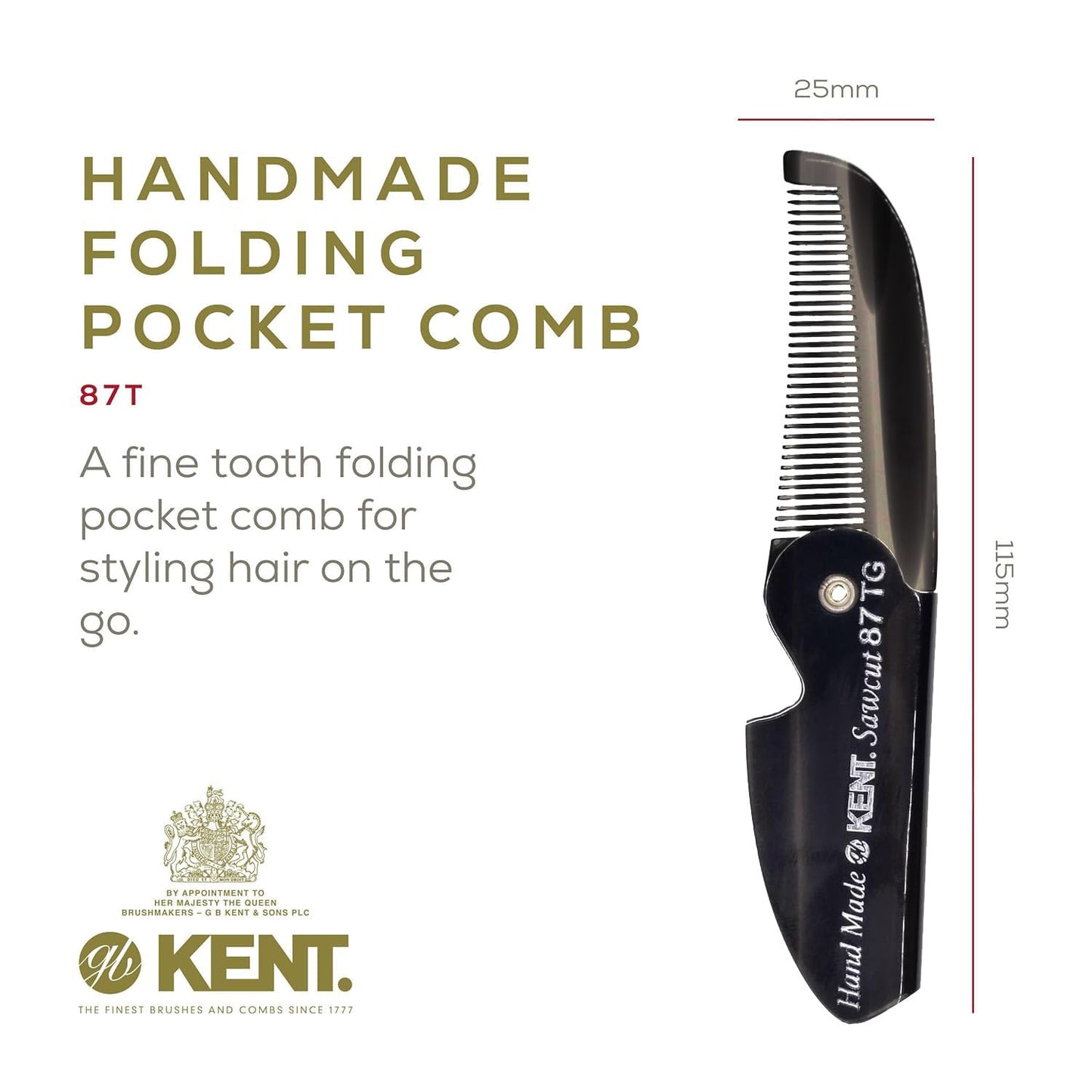 Kent 87T Black Graphite Handmade Folding Pocket Comb for Men, Fine Tooth Hair Comb Straightener for Everyday Grooming Styling Hair, Beard or Mustache Beauty & Personal Care KENT