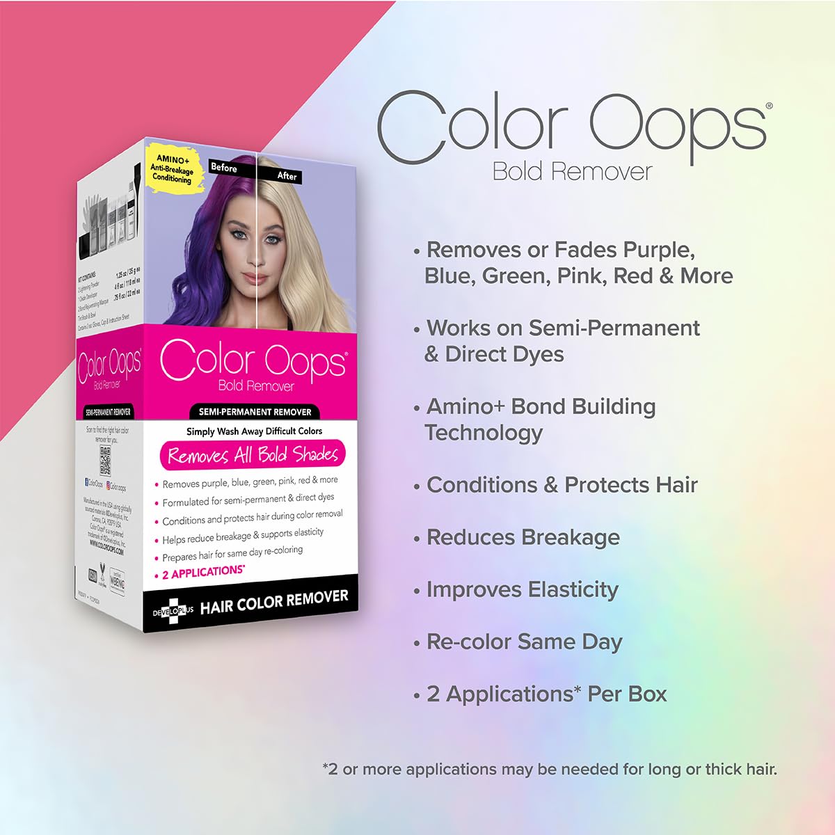 Color Oops Bold Remover, 2 Applications, Hair Dye Remover Safely Removes Direct Dyes and Semi Permanent Hair Color, Recolor The Same Day, Vegan Beauty & Personal Care Color Oops