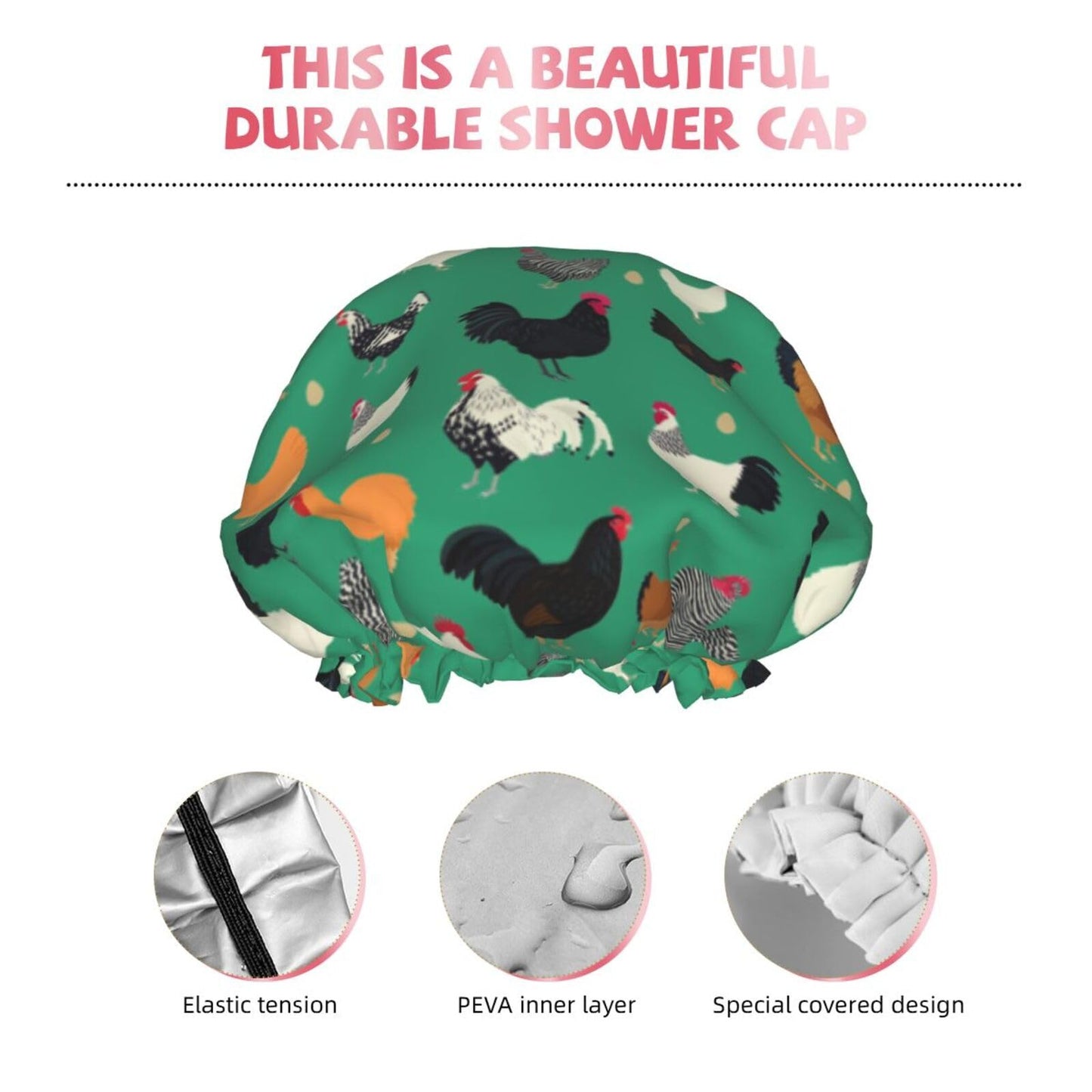 Funny Chickens Shower Cap For Women Reusable Waterproof Double Layers Bath Cap Hair Protection Elastic Ladies Spa Salon Shower Hat Beauty and Personal Care YUZEKABZ