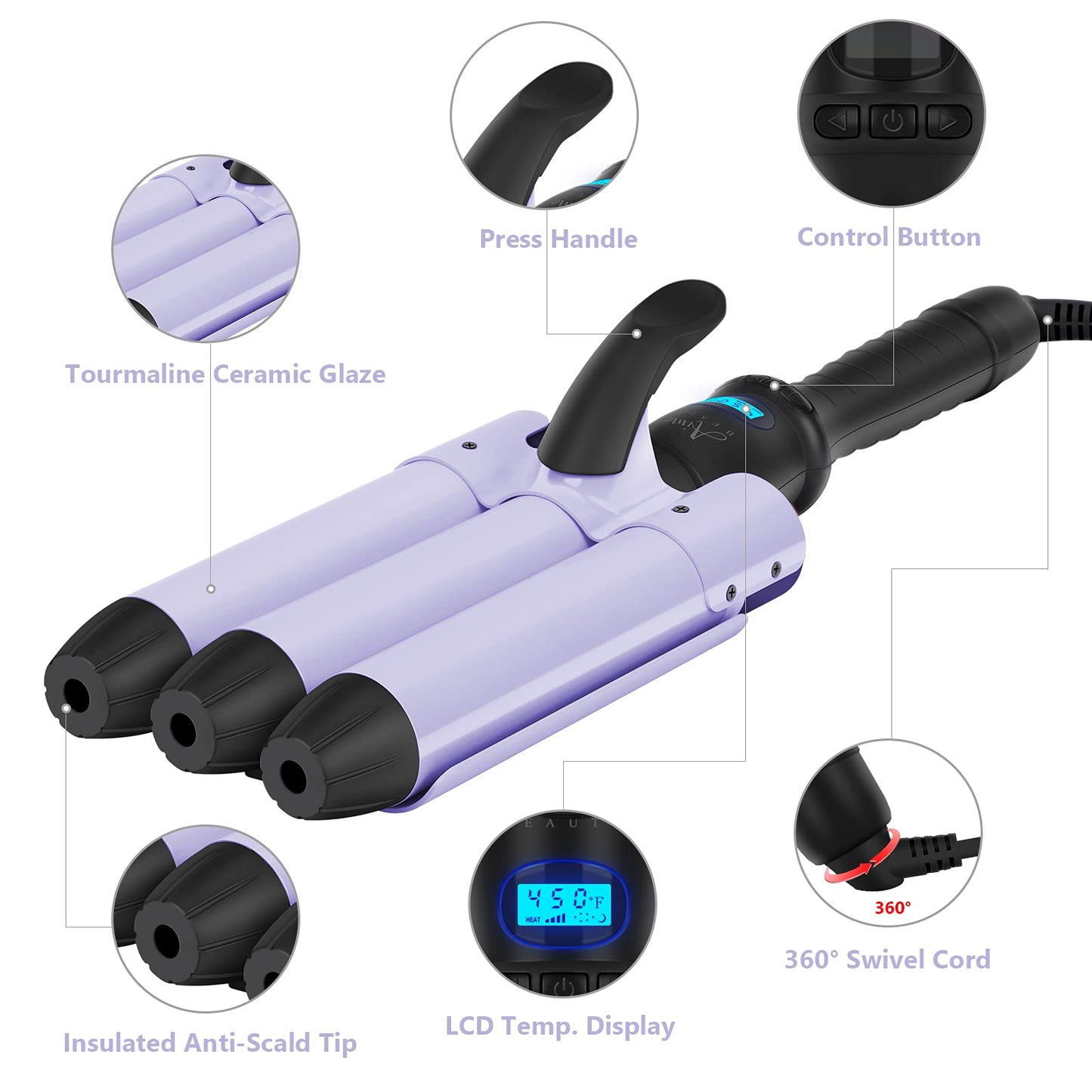 32mm (1.25") Mermaid Beach Waves Curling Iron, Aima Beauty Hair Waver 3 Barrel, Mermaid Big Wave Waver Iron with Adjustable Temperature, Durable Beauty & Personal Care Aima Beauty