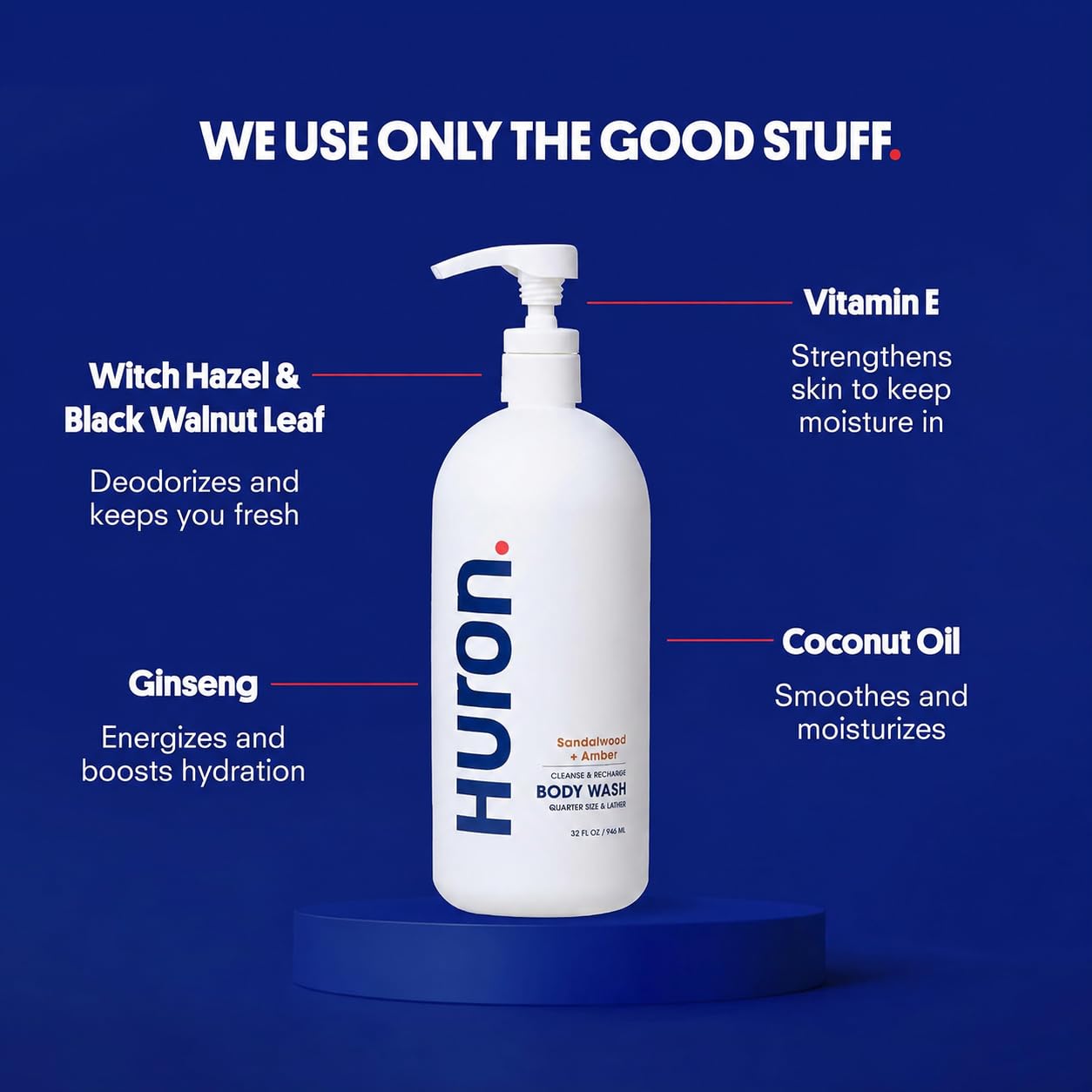 Huron Body Wash for Men and Women, Hydrating Daily Cleanser with Sandalwood + Amber Scent, Moisturizing Shower Gel, non-toxic, Phthalate-Free Clean Beauty & Personal Care Huron