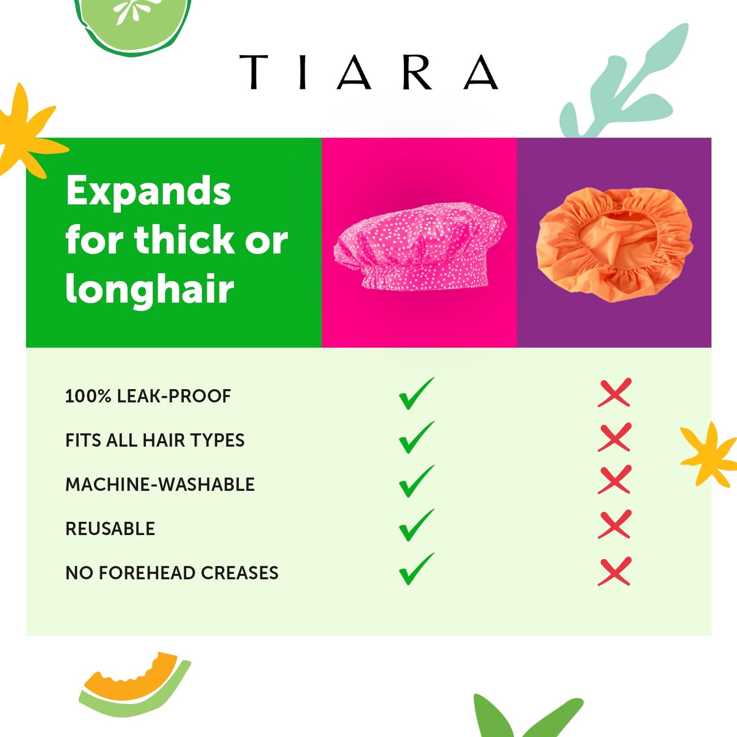 TIARA 2-in-1 Luxury Shower Cap for Women Reusable Waterproof - Hair Cap for Long & Short Hair - All Size Fit Flexi Shower Cap, Terry Lined Leakproof Beauty & Personal Care TIARA Shower Cap