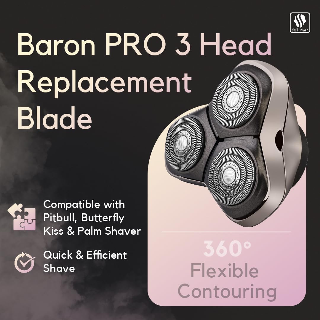 Skull Shaver Baron PRO 3 Head Replacement Blade - Faster Shaving - Hypoallergenic Stainless Steel - Contour Flex Design - Built-in Vacuum - Easy Beauty and Personal Care Skull Shaver