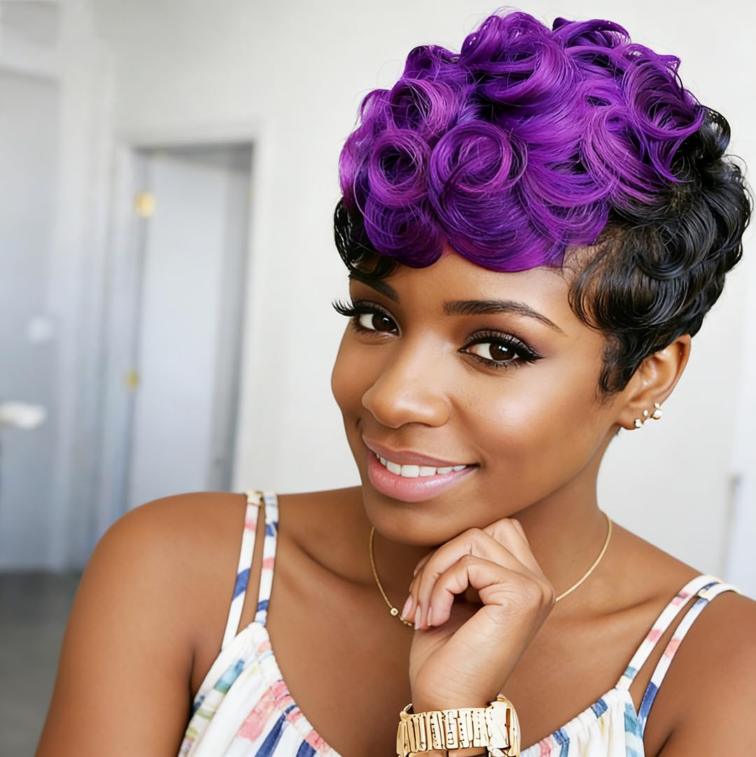 Naseily Short Black And Purple Wig Short Curly 2 Tones Synthetic Wigs For Black Women Natural Short Hair Wig