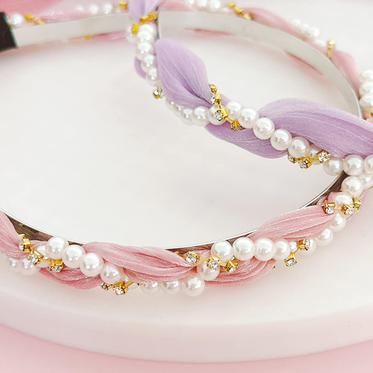 allydrew Pearl & Rhinestone Headbands with Long Ribbon Head Wraps (Set of 2)