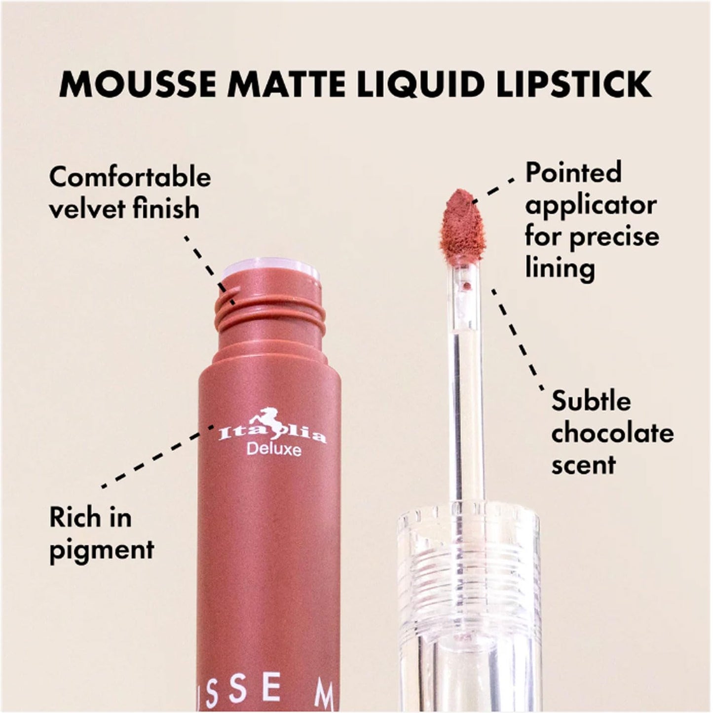 Italia Deluxe Pick 1 Mousse Matte Liquid Lipstick Comfortable Velvet Finish & Zipper Bag (190-02 : COCOA, Full Size) Beauty & Personal Care Italia Deluxe