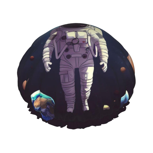 Astronaut solar system planets Shower Cap for Women Men Large Reusable Shower Bonnet Double-Layer Waterproof Bath Caps Elastic Band Hair Hat for All Beauty and Personal Care BWLHJKE