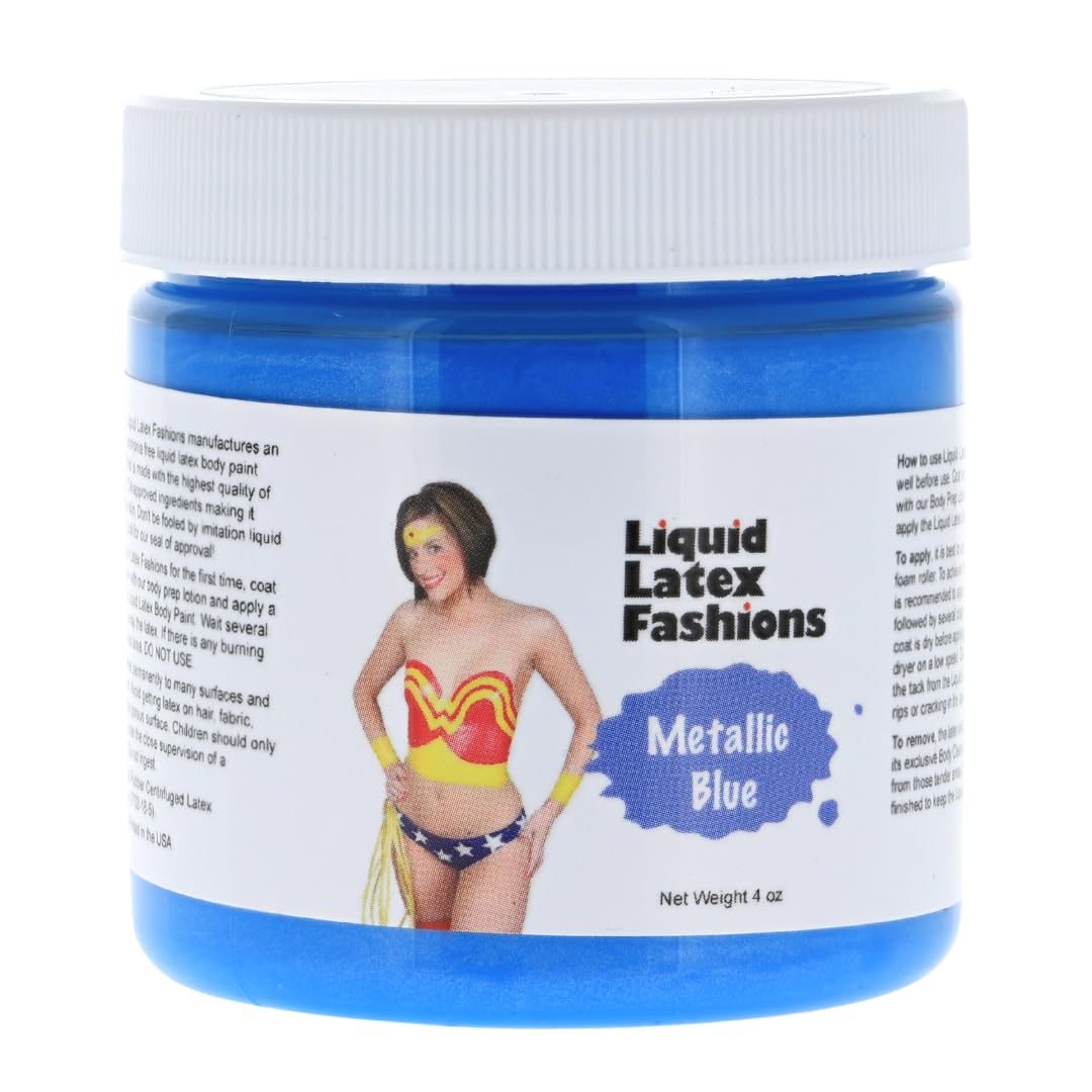 Metallic Blue 4 Oz - Liquid Latex Face and Body Paint, Skin Safe, Non-Toxic, Easy to Apply - Perfect for Costume and Body Painting, Creates Shimmery Beauty & Personal Care Liquid Latex Fashions