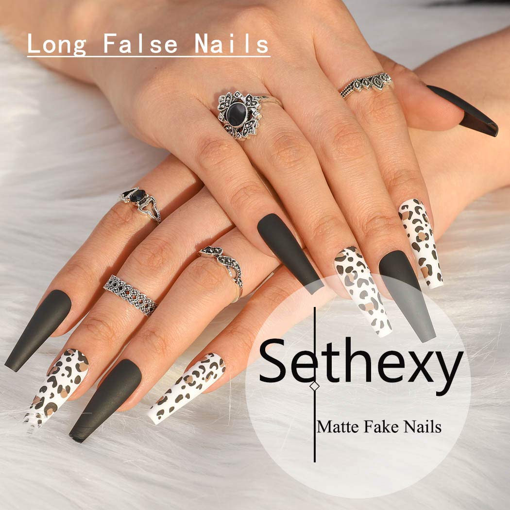 Sethexy Leopard Ballerina False Nail Matte Long Coffin Fake Nails Press on 24Pcs Acrylic Art Nail Tips For Women and Girls (Black) Beauty & Personal Care Sethexy