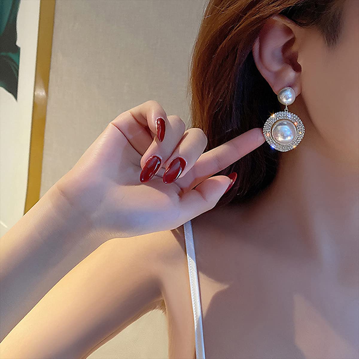 Xerling Bling Rhinestone Pearl Button Stud Earrings for Women Shiny Statement Pearl Dangle Bridal Earrings for Wedding Prom Party Beauty & Personal Care Xerling