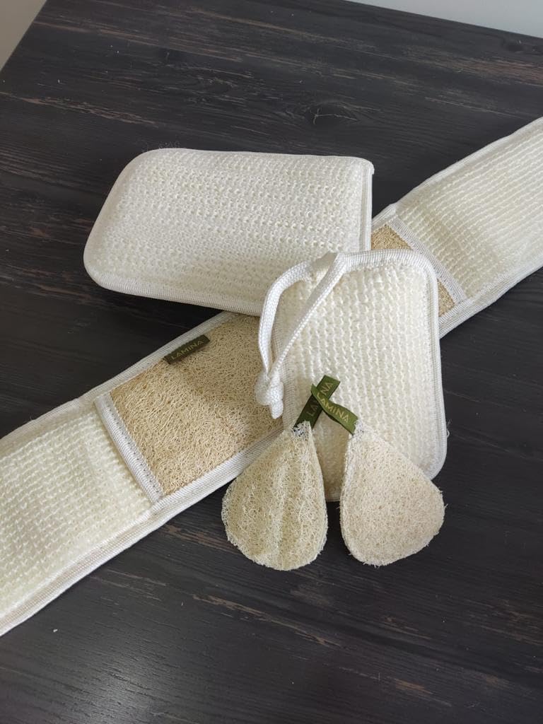 4 PCS - Lamina Natural-Organic, Loofah Sponge, Body Scrubber, Shower Beth Loofah (Back Long, Double Sided Mitt, Mini Mitt and Face loofah) Beauty and Personal Care Veteran Textile Towels