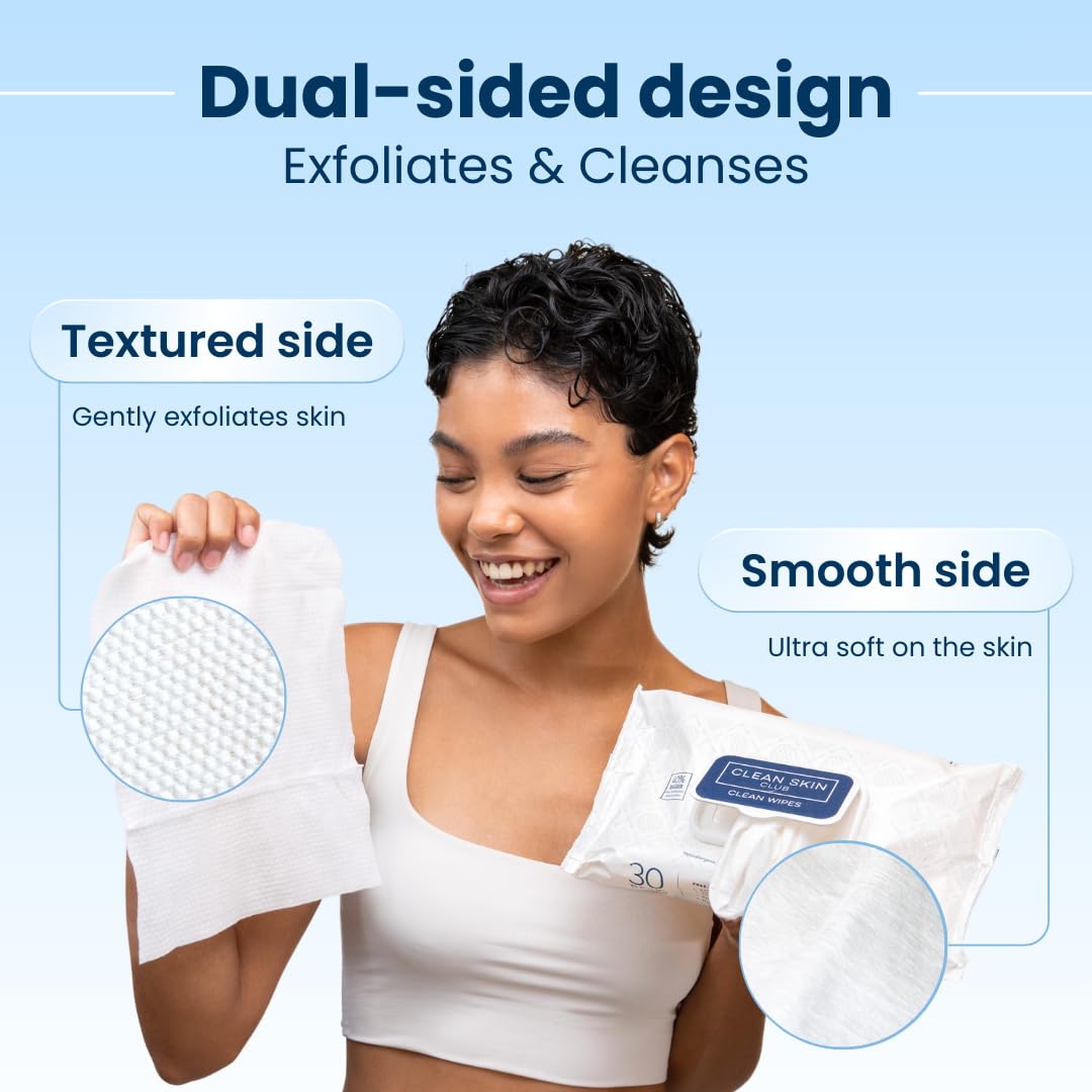 Clean Skin Club Clean Wipes, XL Makeup Remover Face Wipes, Textured Cleansing Facial Wipes for Sensitive Skin, Hypoallergenic, Fragrance-Free, Vegan Beauty & Personal Care CLEAN SKIN CLUB