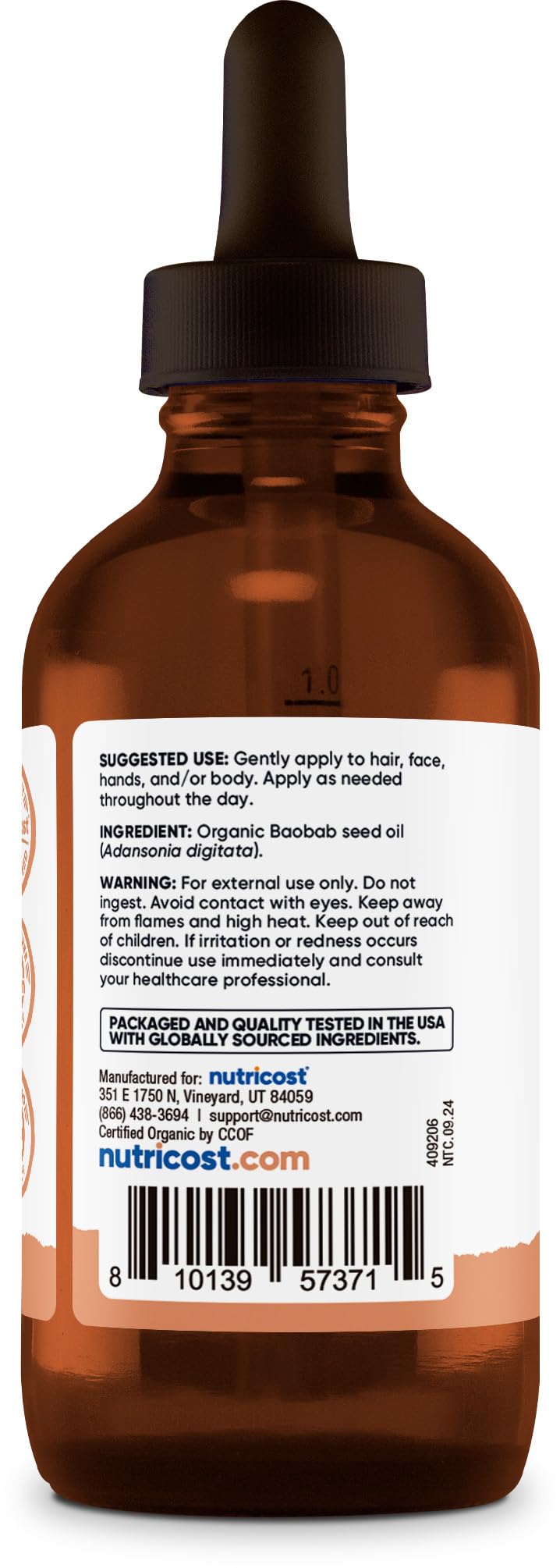 Nutricost Organic Baobab Oil (4 FL OZ) - Nourishing Oil For Hair, Face, & Body, Cold Pressed & Unrefined Beauty & Personal Care Nutricost