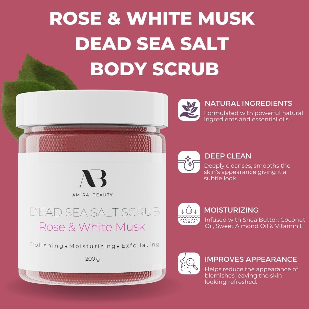 Amira Beauty Dead Sea Salt Body Scrub | Foaming Shower Scrub with Organic Essential Oils | Exfoliates and Moisturizes Skin | 7 OZ (Rose & White Musk) Beauty & Personal Care Amira Beauty