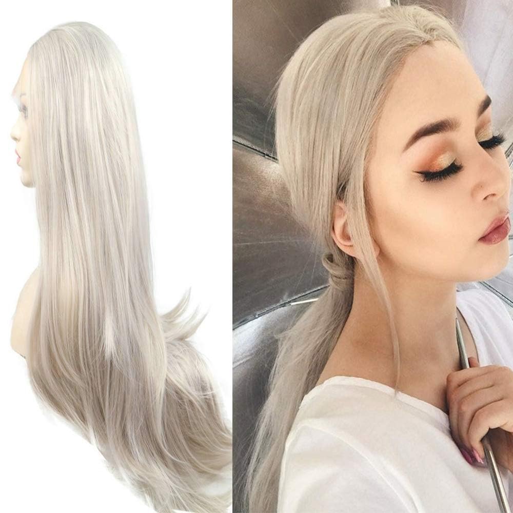 xiweiya Long Straight Silver Platinum Blonde Lace Front Lace Wigs Synthetic Ash Blonde Straight Heat Resistant Fiber Wigs Middle Parting Wig for Women