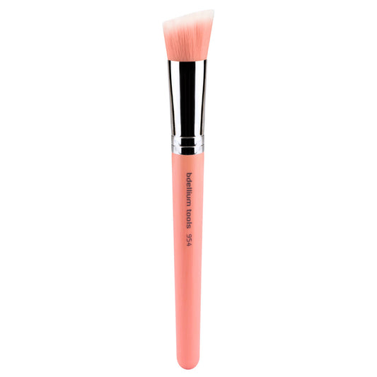 Bdellium Tools Professional Makeup Brush - Pink Bambu Series 954 Duet Fiber Slanted Kabuki - With Soft Synthetic Fibers, For Stippling, Buffing