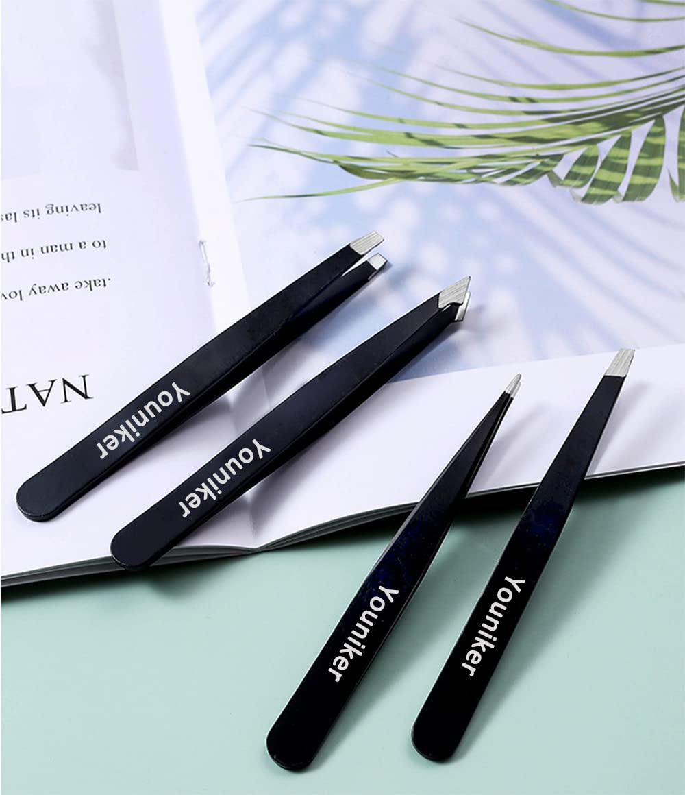 Youniker Tweezers Set, 4 Piece Professional Stainless Steel Tweezers for Women & Men Great Precision Tweezer for Eyebrows Hair Removal Beauty and Personal Care Youniker