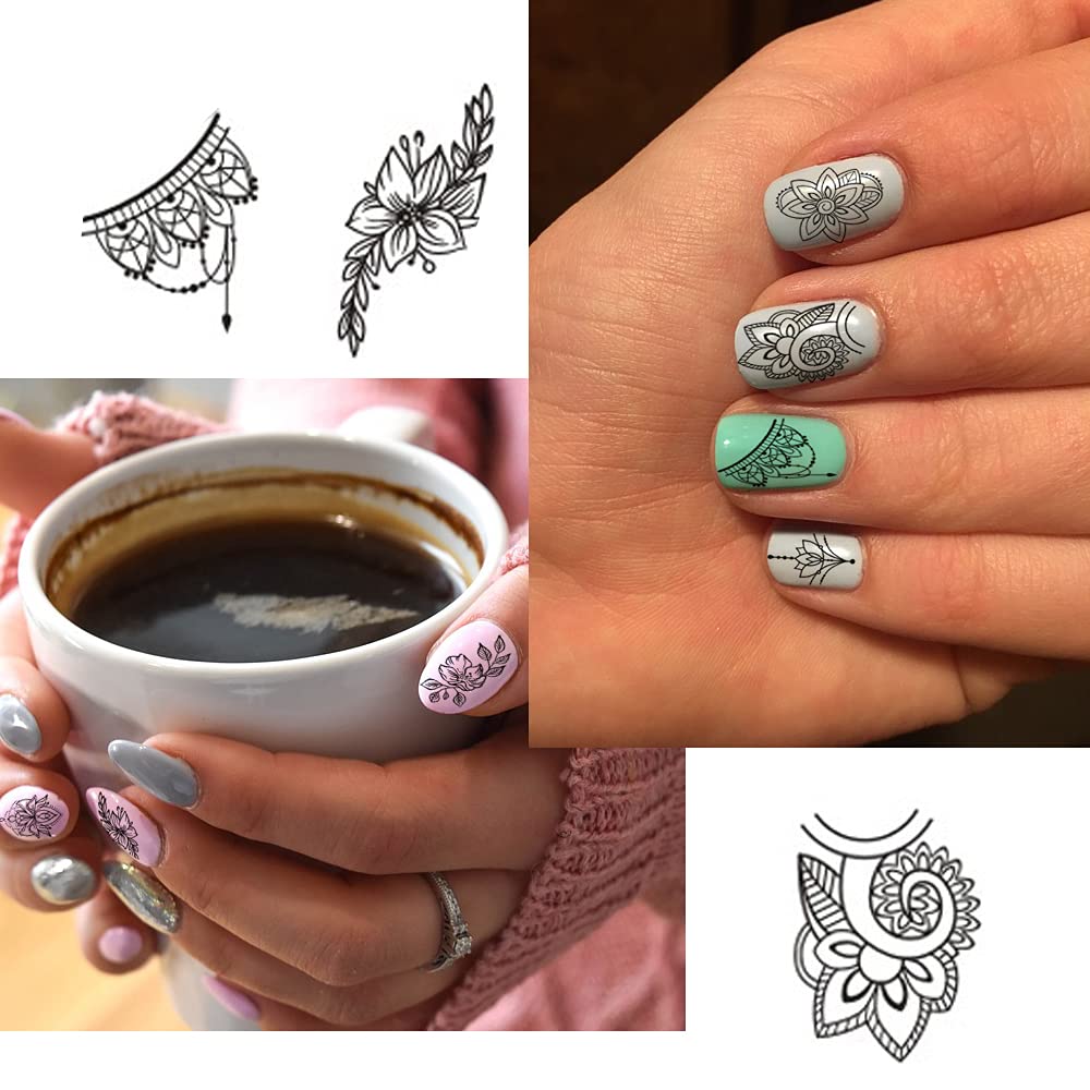 13 Sheets Black Nail Stickers Boho Retro Nail Decals Black Nail Tattoos Water Transfer Nail Decals Nails Supply Necklace Jewelry Feather Nail Design Beauty & Personal Care XMMXNBJ