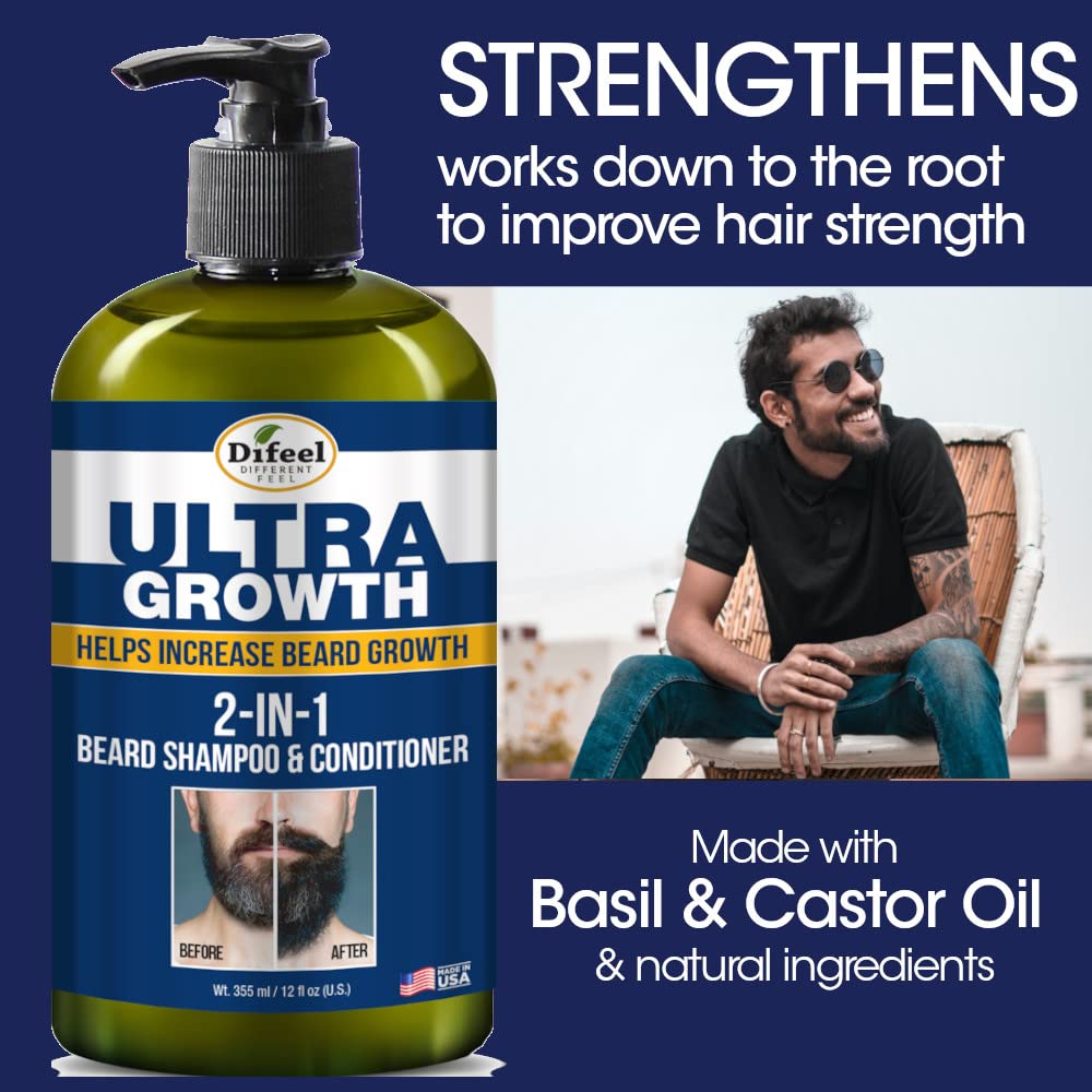 Difeel Men's Ultra Growth Beard Care 3-PC Gift Set for Men - Includes 2-in-1 Beard Shampoo & Conditioner 12oz, Beard Growth Oil 8oz, and Bonus Travel Beauty and Personal Care Difeel