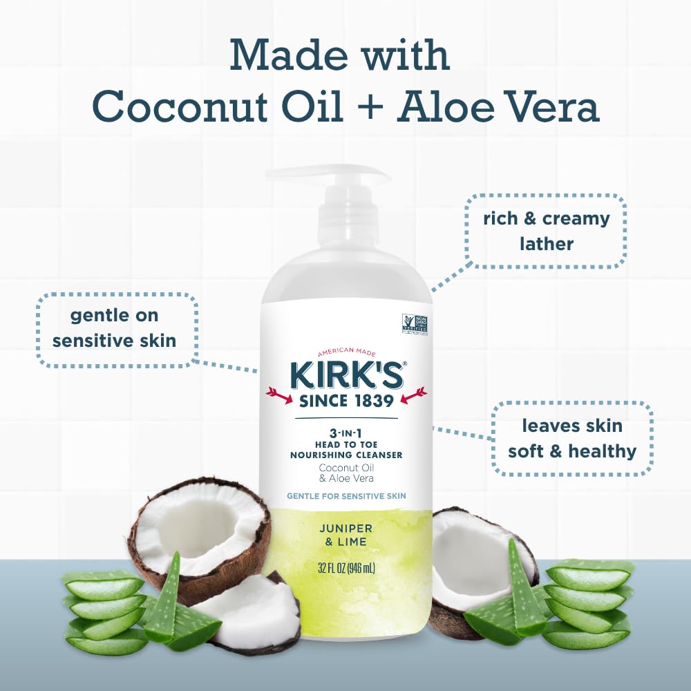 Kirk's Juniper & Lime 3-in-1 Nourishing Cleanser, Shampoo Body Wash Bubble Bath, Coconut Oil and Aloe Vera, Vegan Non-GMO, 32 Fl Oz, Pack of 2 Beauty & Personal Care Kirk's
