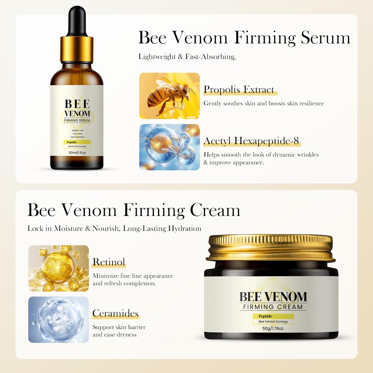 1 Set Bee Venom Peptide Firming Serum + Bee Venom Firming Cream, Tightening Calming Hydrating Moisturizing Facial Skin Set (30ml+50g) Beauty & Personal Care ChongTai