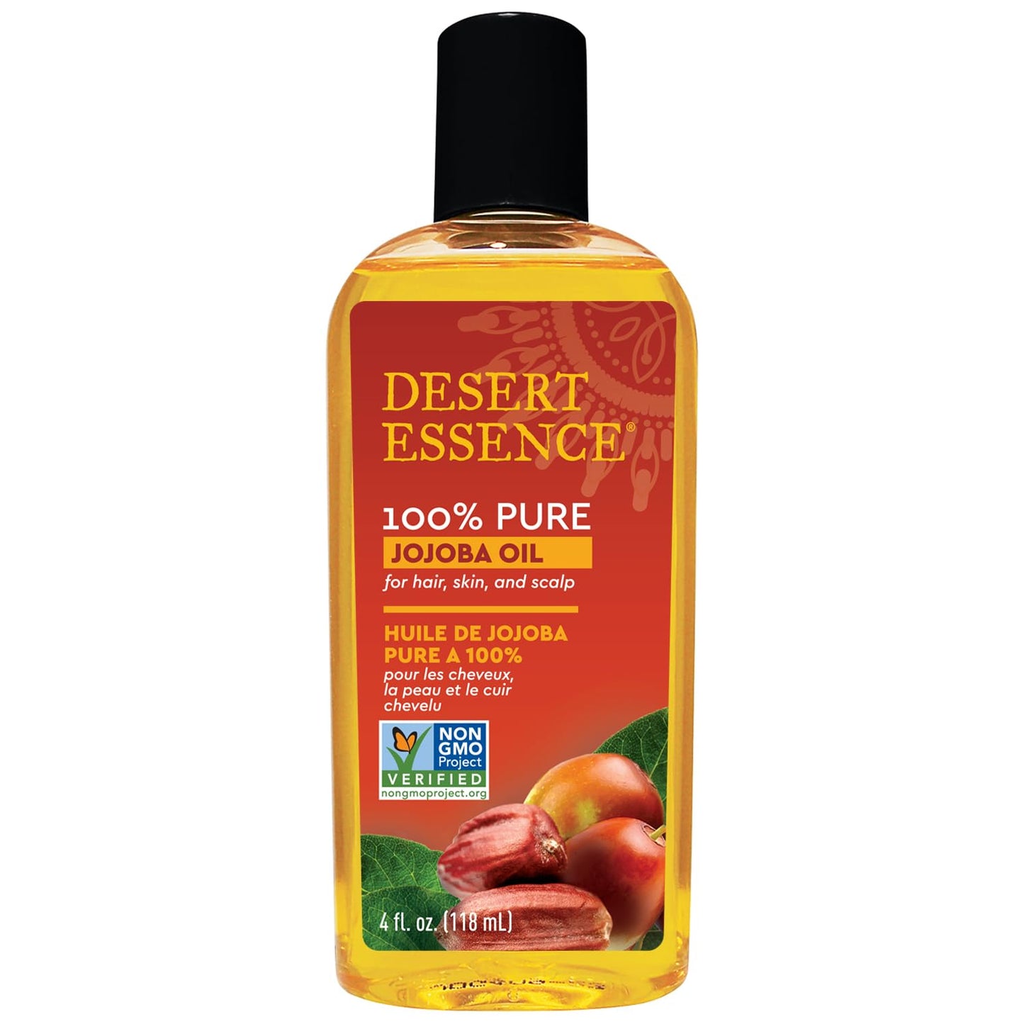 Desert Essence 100% Pure Jojoba Oil - 4 Fl Oz Moisturizer for Hair, Skin & Scalp | Makeup Remover & Aftershave Hydrator, Non-GMO, Vegan, Cold-Pressed Beauty & Personal Care Desert Essence