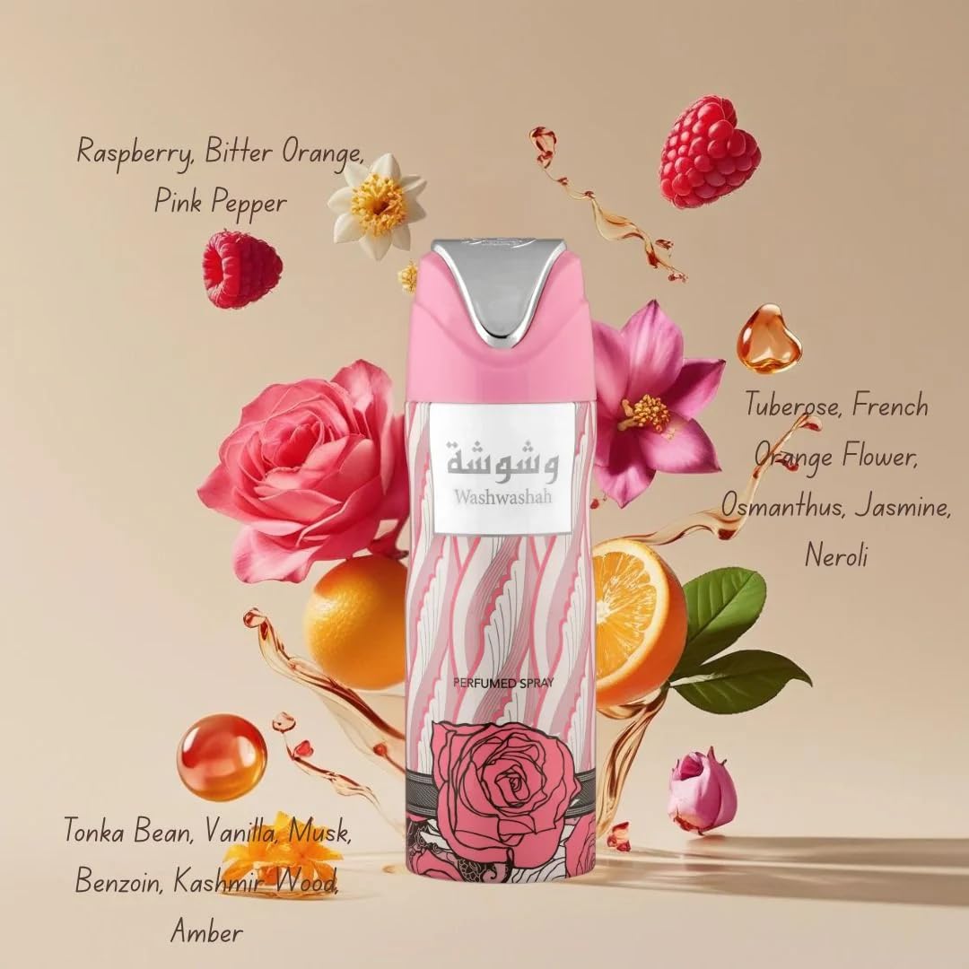 Lattafa Washwashah - Floral, Sweet, Musky, Amber - Perfumed Deodorant Spray for Women, 6.67 Ounce / 200 ml Beauty and Personal Care Lattafa