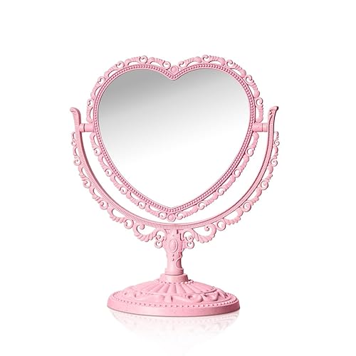QEEYON Pink Heart Vanity Mirror - Double Sided 360 Degree Swivel - Aesthetic Makeup Cosmetic Mirror for Table Desk Countertop Dresser Coquette Beauty & Personal Care QEEYON