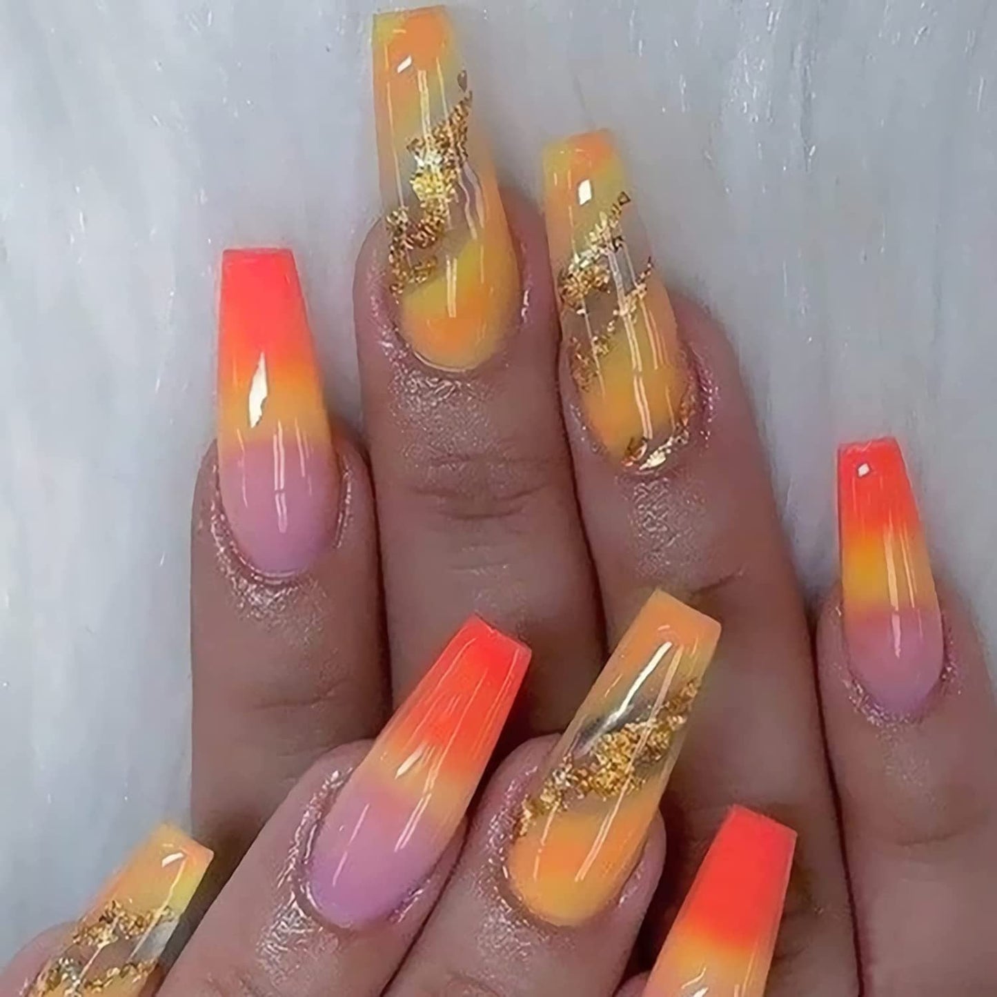 IMSOHOT Long Press on Nails Coffin French Tip Fake Nails Yellow Orange Gradient False Nails with Gold Foil Designs Clear Glossy Glue on Nails Beauty & Personal Care IMSOHOT