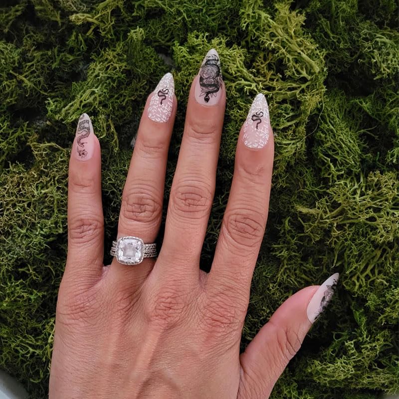IMSOHOT Almond Press on Nails Medium Matte Nude Fake Nails Full Cover Acrylic False Nails with Black Rose Snake Designs Glue on Nails 24pcs Beauty & Personal Care IMSOHOT