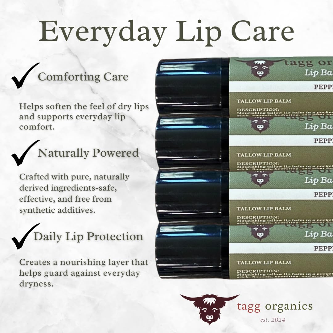 Peppermint Tallow Lip Balm - Moisturizing Lip Care with Grass-Fed Tallow, Natural Beeswax & Essential Oils, 4 Pack (.15 oz) Beauty and Personal Care TAGG ORGANICS
