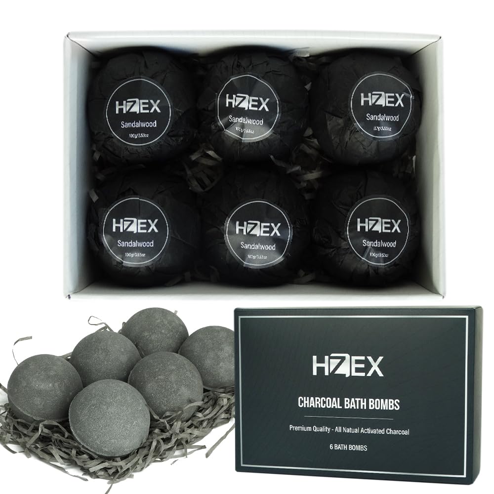 HZEX Charcoal Activated Bath Bombs for Men - Detox with Handmade Organic 6 Pack Bath Bomb Set, up to 3 Scents (Sandalwood, Bergamot, Ocean) Beauty and Personal Care HZEX