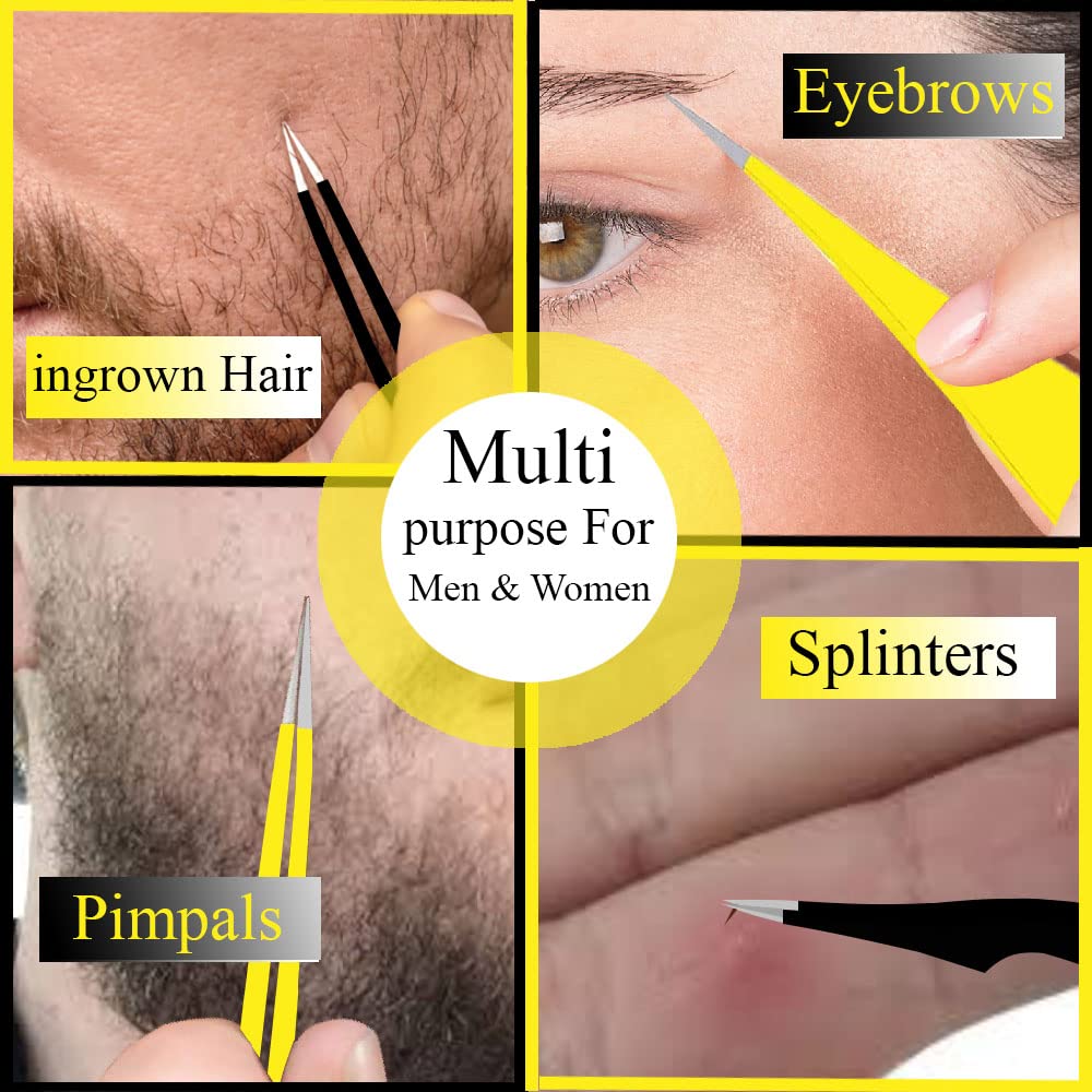 Super Sharp Pointed Tweezers Precision Fine Point Tip Ingrown Hair Removal Kit - Extra Thin Stainless Facial Hair Remover for Face Beauty and Personal Care LahGum Metal