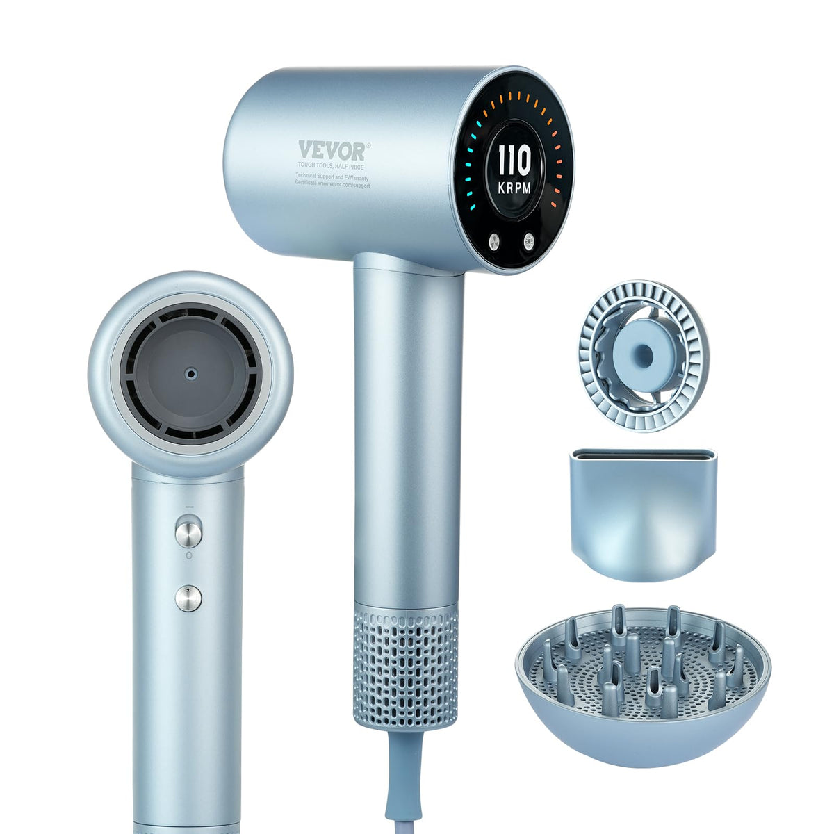 VEVOR High-Speed Hair Dryer with 105,000RPM Brushless Motor, 200 Million Negative Ions Hair Blow Dryer, 4 Temps & 3 Speeds, LCD Display Thermo-Control