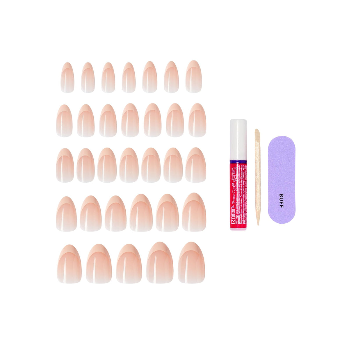 Kiss Core, Press On Nails, Nail glue included, 'Dancing on Clouds', Pink, Medium Size, Almond Shape, Includes 32 Nails, 2g Glue, 1 Manicure Stick, 1