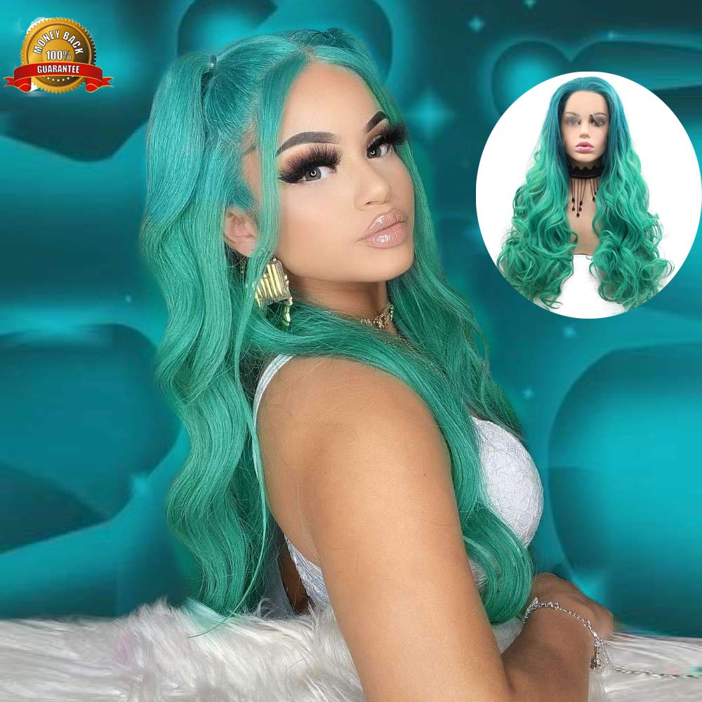 Long Green 2T Ombre Body Wave Synthetic Lace Front Wigs for Women Free Part Natural Hairline Glueless Wigs Light Green Ombre Green Body Wave Curly