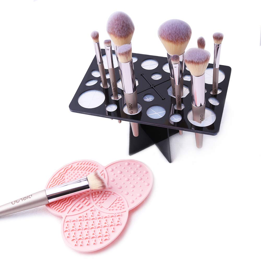 Diolan Makeup Brush Cleaning Mat & Drying Rack - 28 Holes Brush Holder, Silicone Rubber Clover Shaped Mat Cleaner - Black & Pink Beauty & Personal Care Diolan